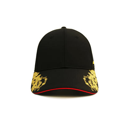 ACE Gold print on both sides black sport cap 6 panel baseball black cap custom logo metal adjustable  buckle