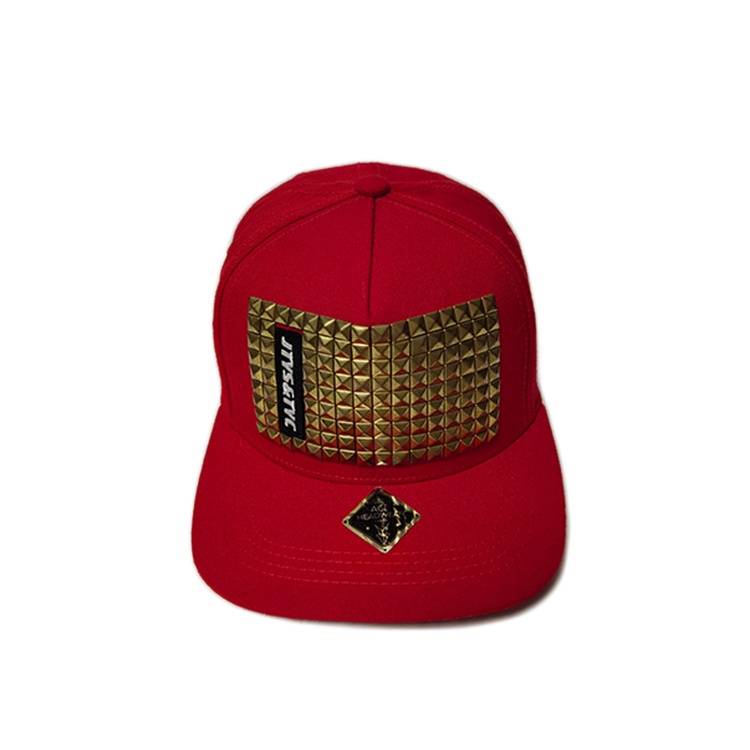 Custom Made Red 6Panel Summer Metal Rivert  Logo Flat Bill Hip Hop Snapback Hats Caps