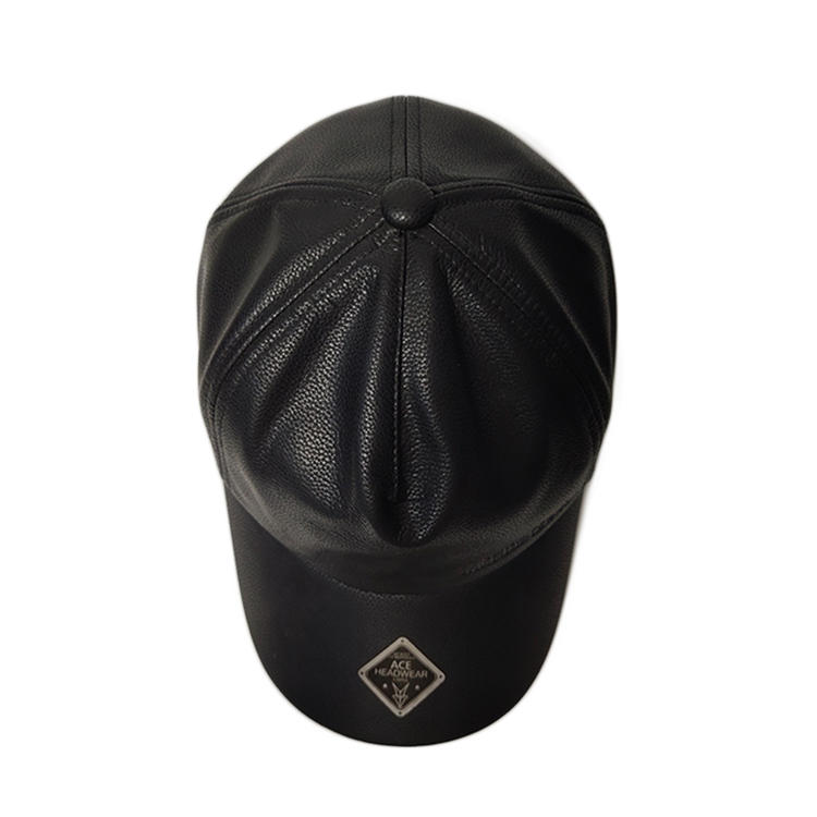 High quality fashion outdoor sports cap 6 panel custom blank black leather pu baseball cap