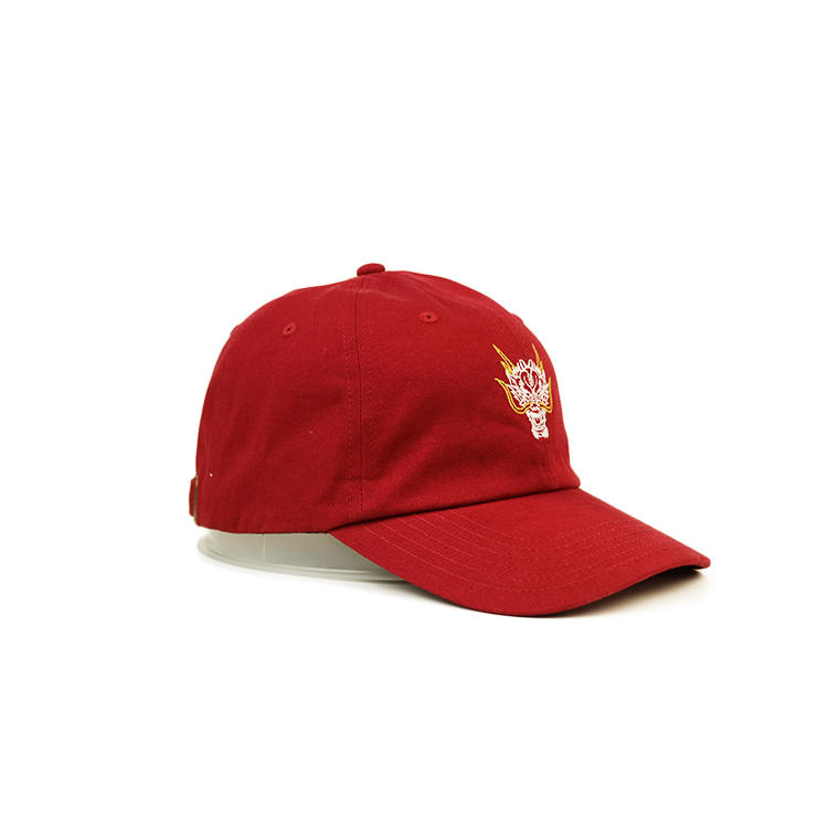 Ace High Quality Solid Red Color Custom Dragon Logo Flat Embroidery Baseball Curve Brim Cap Hat