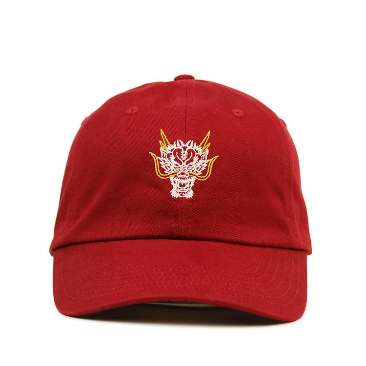 Ace High Quality Solid Red Color Custom Dragon Logo Flat Embroidery Baseball Curve Brim Cap Hat