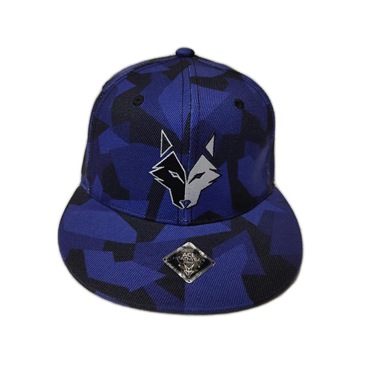 Wholesale Custom Blue special material grid 6panel wolf printing Logo Flat Brim Snapback Hats Caps