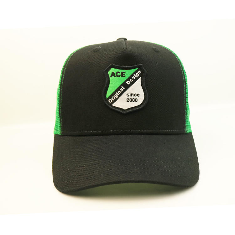 Black And Green Custom Logo Ace Embroidery Patch 5 Panel Mesh Running Trucker Hats
