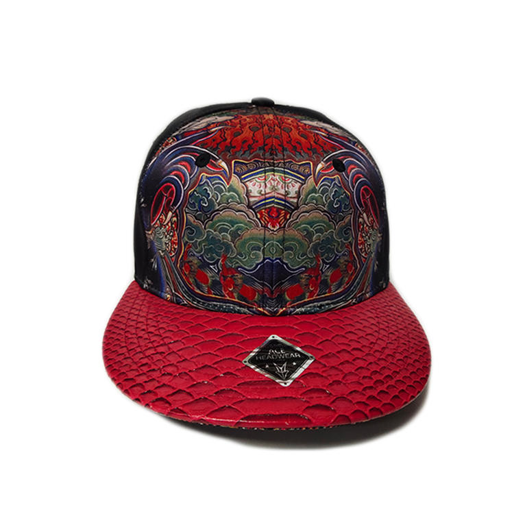 Flat embroidery sublimation material satin snapback cap with PU brim