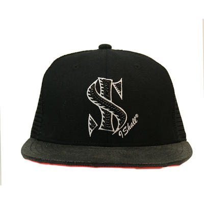 Custom 3D Embroidery Rhinestone Logo Flat Brim Black 5 Panel Trucker Cap hat