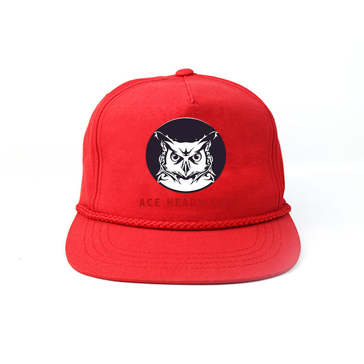 Custom design 6panel falt brim red ACE Headwear owl printing logo snapback hats caps