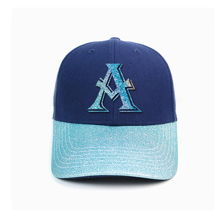 Customized blue bling curve brim metal buckle A printing logo baseball caps hats