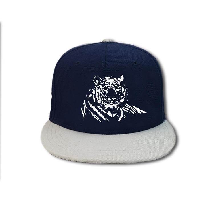 Custom design navy blue and white flat brim tiger printing plastic buckle snapback hats caps
