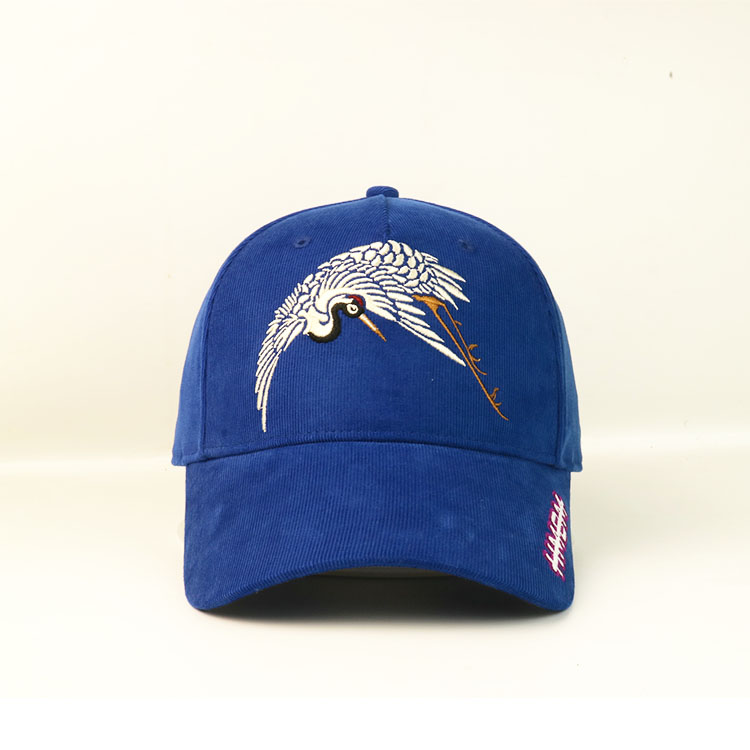 Special material cordoury blue 6panel falt embroidery crane logo baseball caps hats