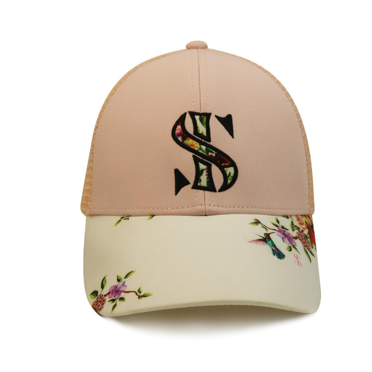 Custom Pink Women Female Curve Leather Floral Pattern Brim Baseball Trucker Mesh Cap Hat