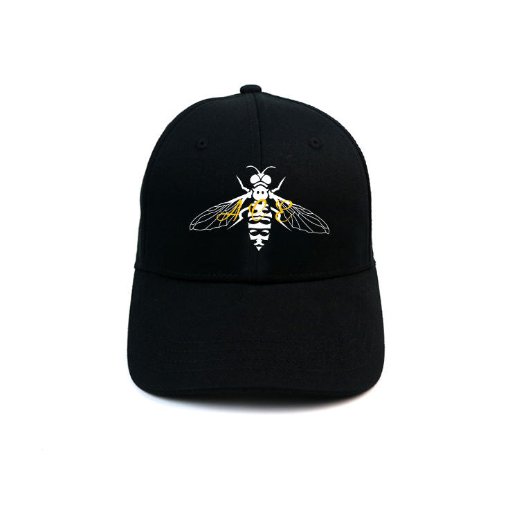 Fashionable all black printing  logo metal buckle 6 panel baseball cap hats