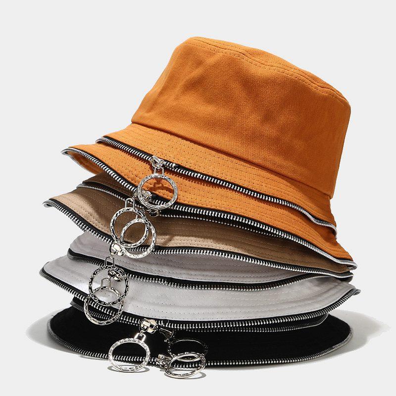 Summer Foldable Zip Bucket Hat Woman Solid Color Hip Hop Wide Brim Beach Uv Protection Cap