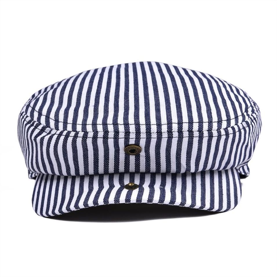 Summer Flat Cap Navy Blue Stripe Ivy Caps Men Women Cotton Gatsby Hat Newsboy Beret
