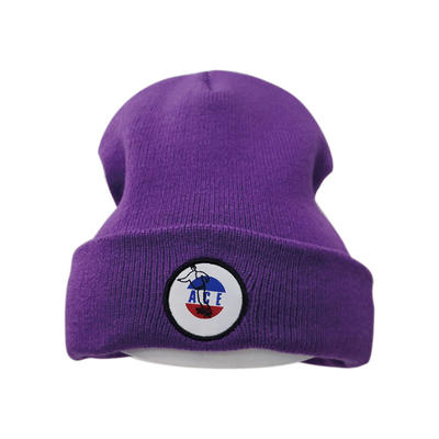 Purple / Black Patch Basic Adults Knitted Beanies