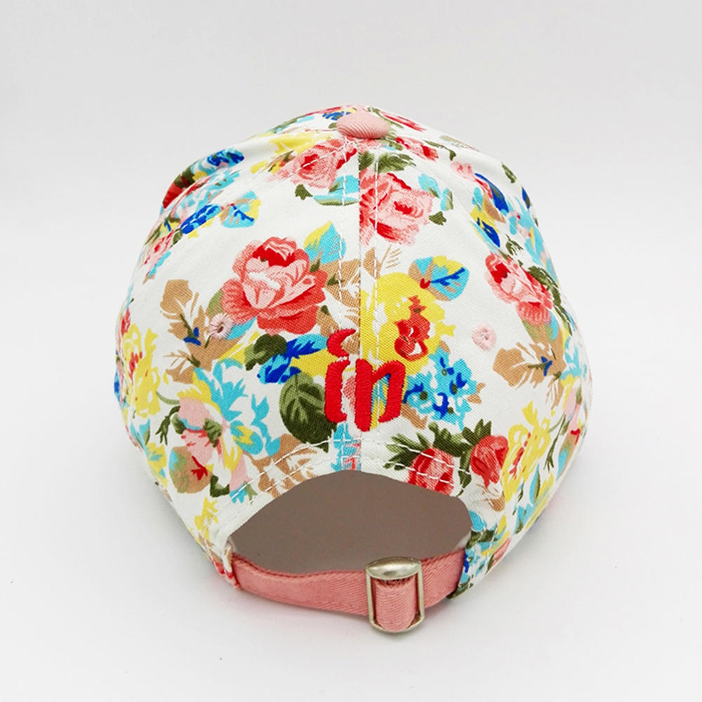 pink baseball hat with flowers printing and 3D embroidery for girl