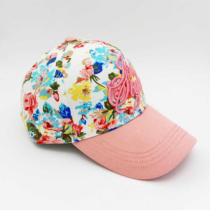 pink baseball hat with flowers printing and 3D embroidery for girl